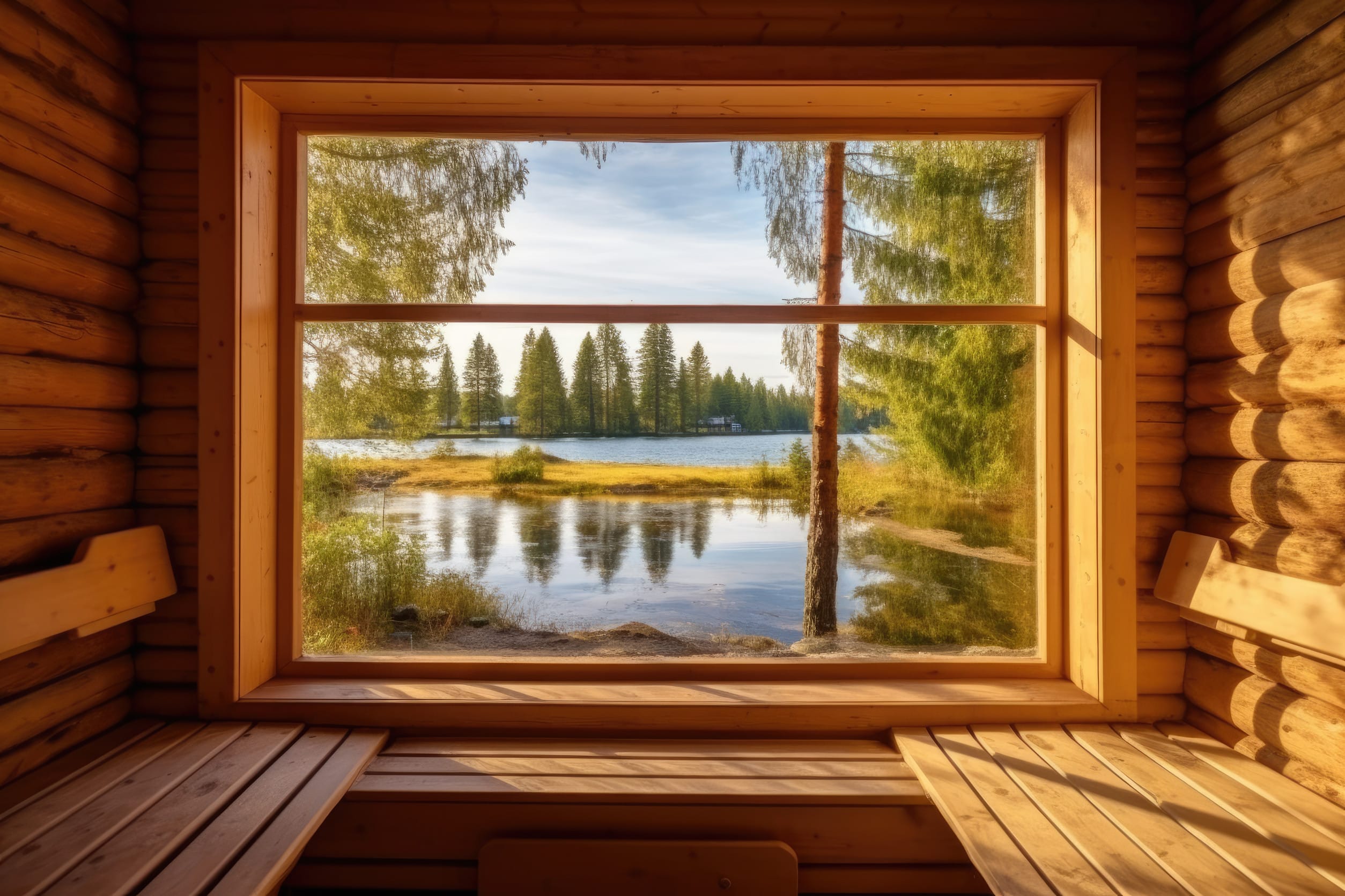 A cozy wooden sauna interior with benches, featuring a large window overlooking a serene lake, pine trees, and a sunny landscape outside.