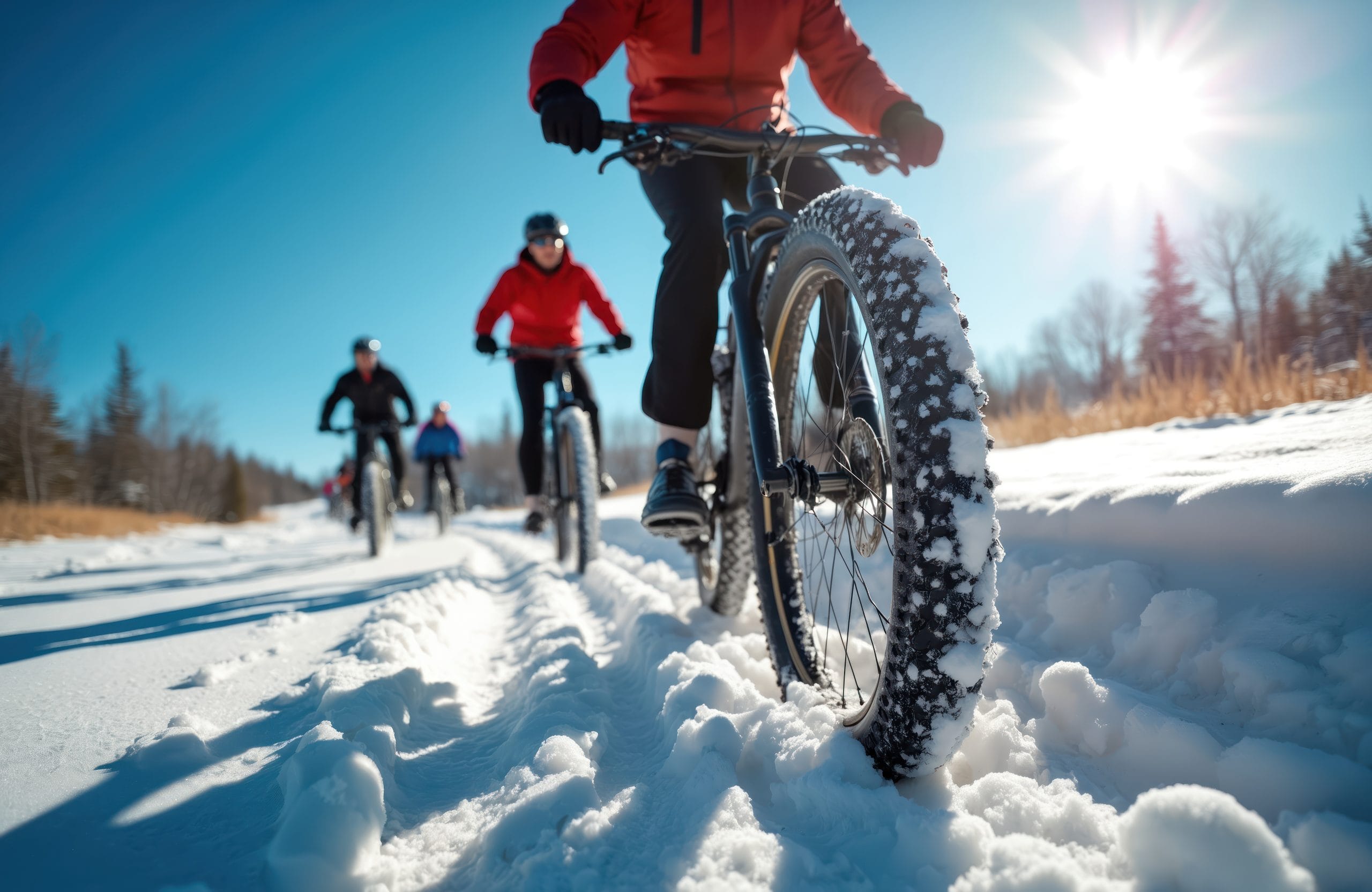A group of cyclists ride fat tire bikes on a snow-covered trail under a bright, sunny sky, with trees in the background and sunlight reflecting off the snow—an ideal adventure for your Winter Weekend Itinerary at River View Lodge.