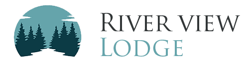 Logo for River View Lodge featuring a circular graphic of pine trees with a river and sky, alongside the text “River View Lodge” in a mix of dark gray and light blue fonts.