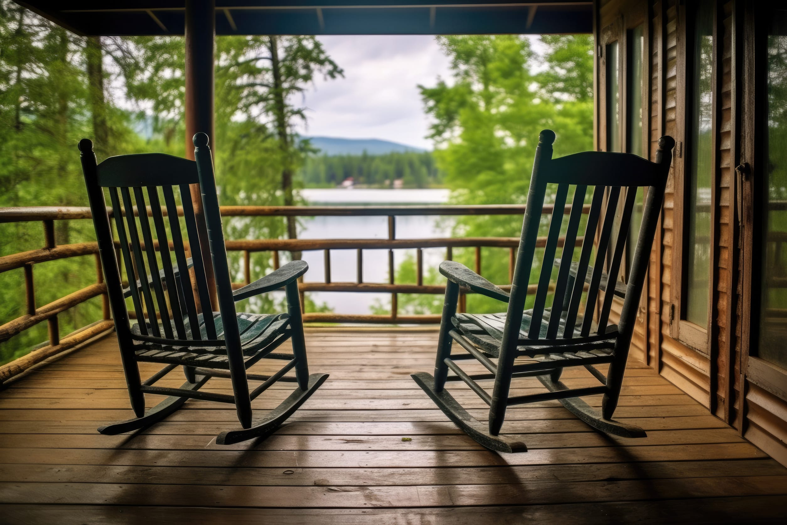 Two empty wooden rocking chairs sit on a covered cabin porch overlooking a serene lake and green trees, creating a peaceful and inviting atmosphere for relaxation.