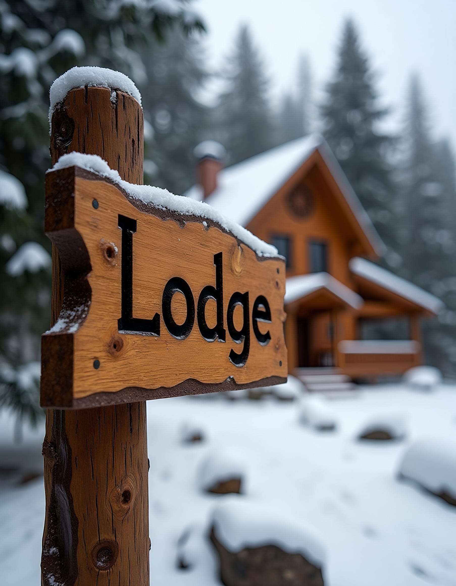 A wooden sign reading "Lodge" stands in front of a cozy cabin at Riverview Lodge, surrounded by snow and evergreen trees, with a misty winter atmosphere—perfect for experiencing Minnesota’s Northwoods.
