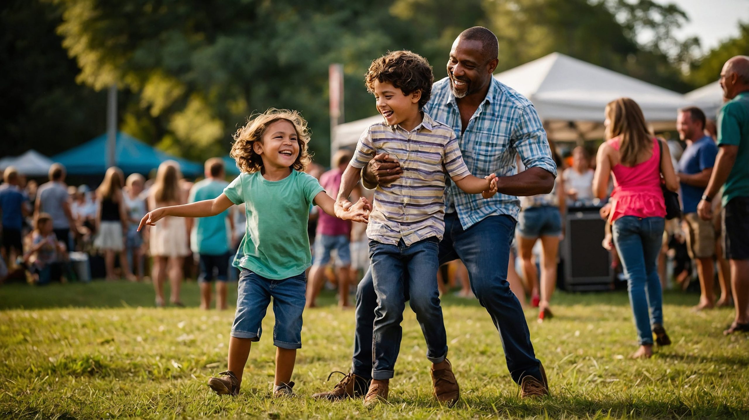 Father and two young boys run and laugh together on a sunny park, crowds at a festival in the background.
