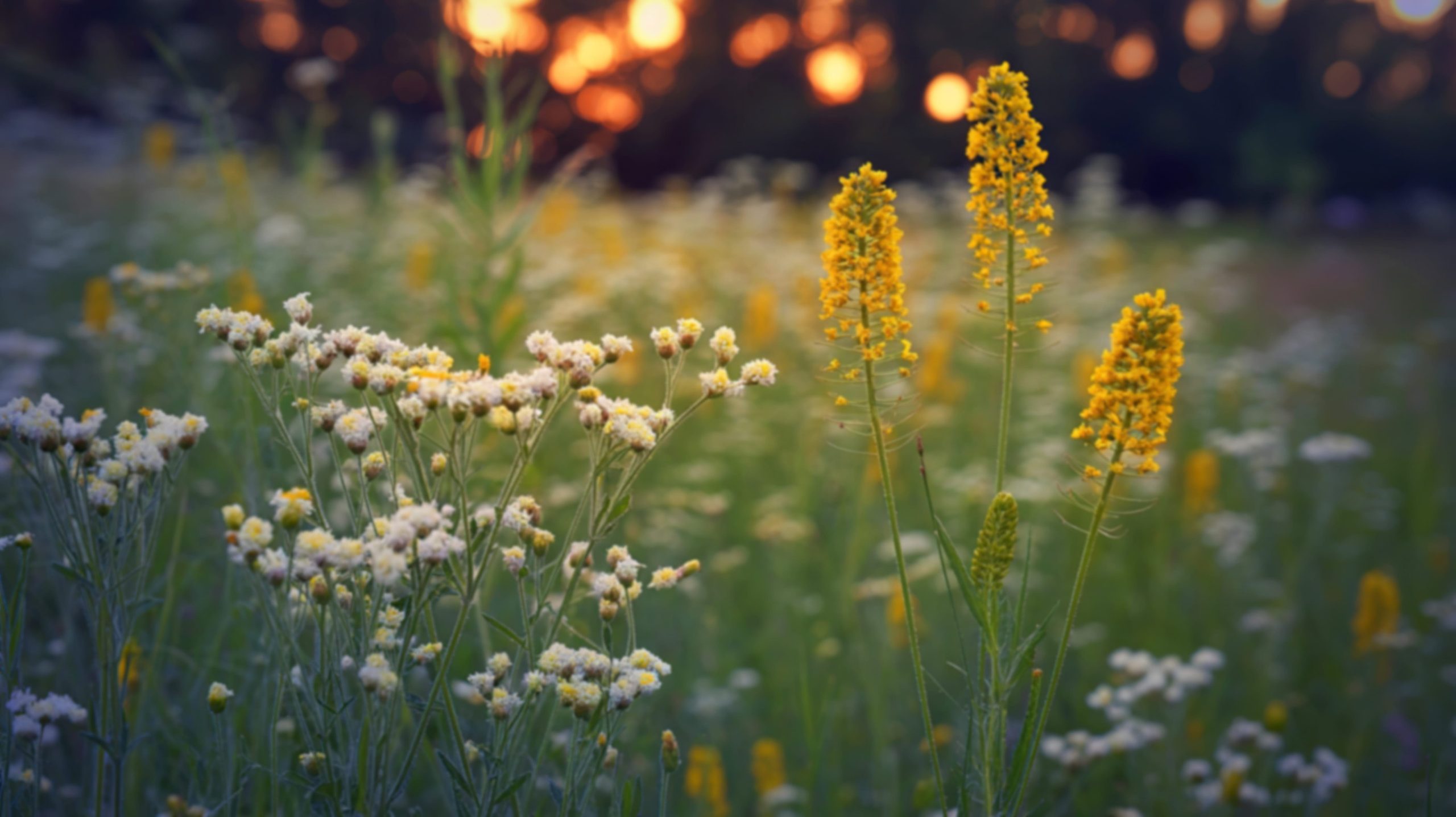 A field of wildflowers in full bloom, with clusters of small white and tall yellow flowers in focus, set against a blurred background and a warm sunset glow in Aitkin MN.